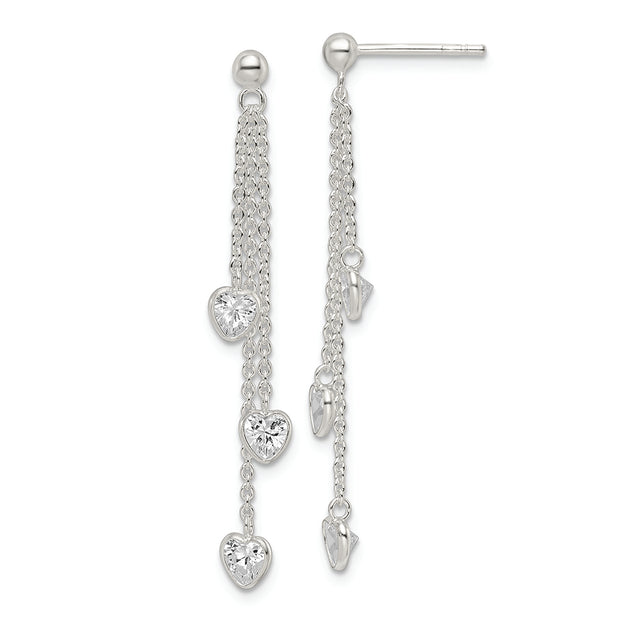 Sterling Silver Polished Dangle Heart CZ Post Earrings