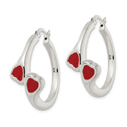 Sterling Silver Polished Red Enamel Hearts Circle Hoop Earrings