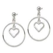 Sterling Silver Polished Circle w/Dangle Heart Post Earrings