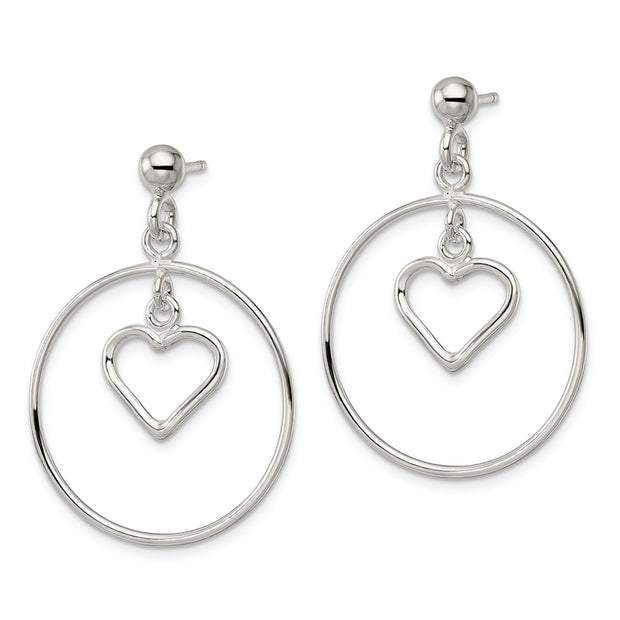 Sterling Silver Polished Circle w/Dangle Heart Post Earrings
