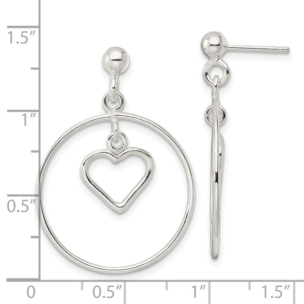 Sterling Silver Polished Circle w/Dangle Heart Post Earrings