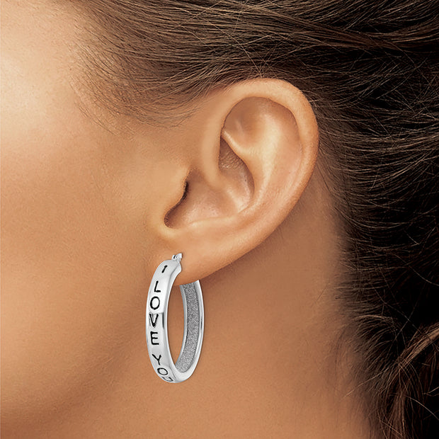 Sterling Silver Rhodium-plated Fabric Glitter I Love You Hoop Earrings