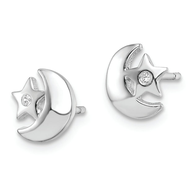 Sterling Silver Rhodium-plated CZ Star and Moon Post Earrings