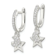 Sterling Silver Polished CZ Dangle Moon and Star Hinged Hoop Earrings