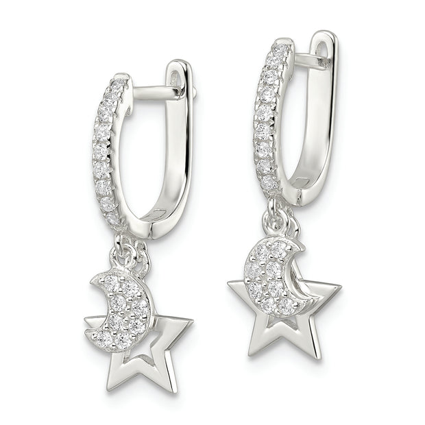 Sterling Silver Polished CZ Dangle Moon and Star Hinged Hoop Earrings