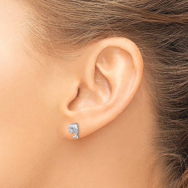Sterling Silver Rhodium-plated CZ Dolphin Post Earrings