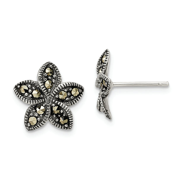 Sterling Silver Antiqued Marcasite Flower Post Earrings