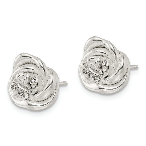 Sterling Silver Polished & Lasered Crystal Rose Post Earrings