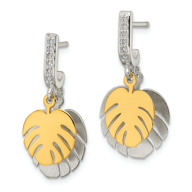 Sterling Silver Gold-tone Palm Leaves CZ J-Hoop Post Earrings