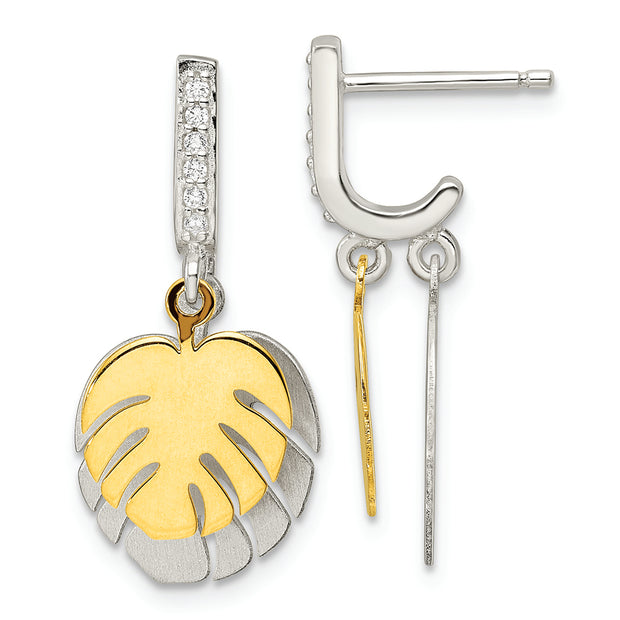 Sterling Silver Gold-tone Palm Leaves CZ J-Hoop Post Earrings