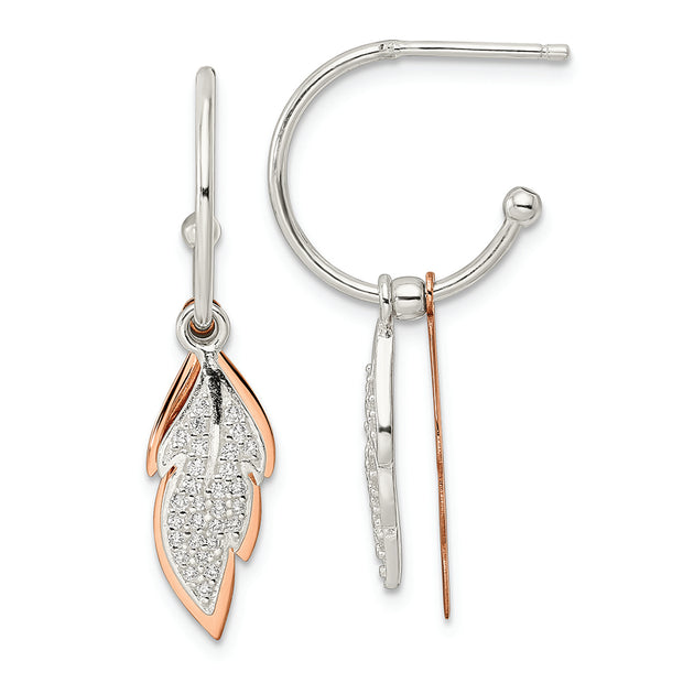 Sterling Silver Rose-tone Leaves CZ Hoop Post Earrings
