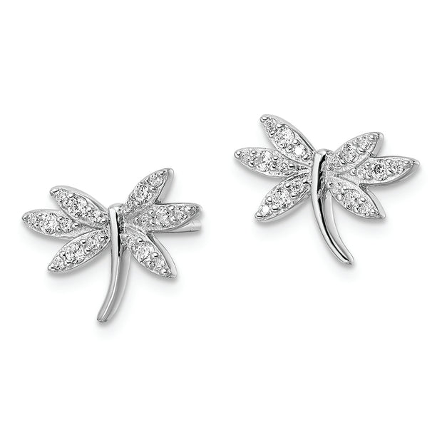Sterling Silver Rhodium-plated CZ Dragonfly Post Earrings