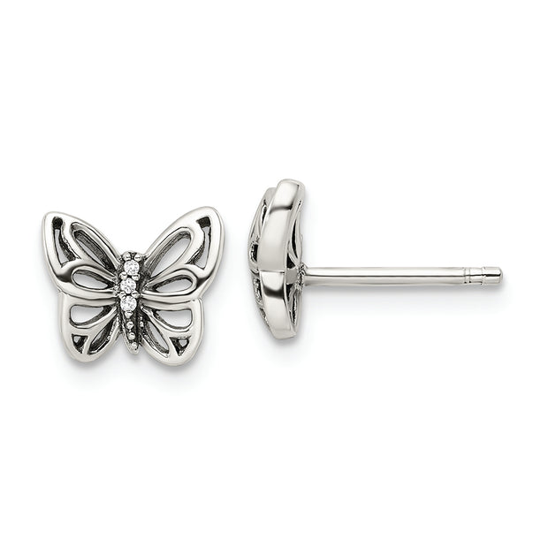 Sterling Silver Antiqued CZ Butterfly Post Earrings