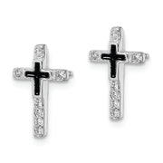 Sterling Silver RH-plated Enamel CZ Cross Post Earrings