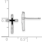 Sterling Silver RH-plated Enamel CZ Cross Post Earrings