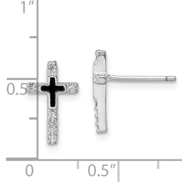 Sterling Silver RH-plated Enamel CZ Cross Post Earrings