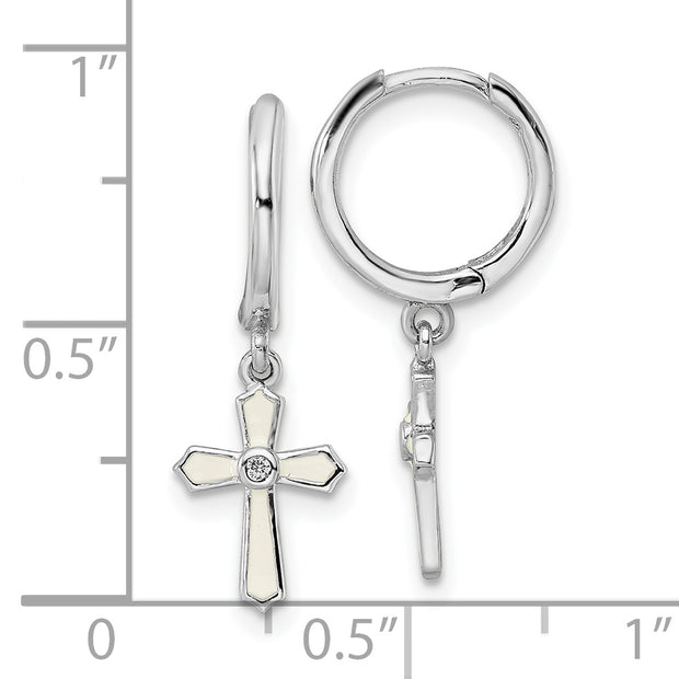 Sterling Silver RH-plated CZ White Enamel Cross Dangle Hoop Earrings