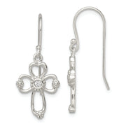 Sterling Silver Polished & Beaded CZ Cross Dangle Earrings