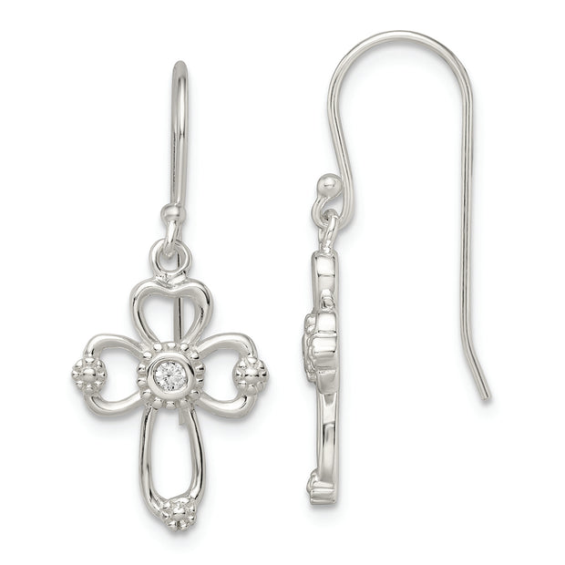 Sterling Silver Polished & Beaded CZ Cross Dangle Earrings