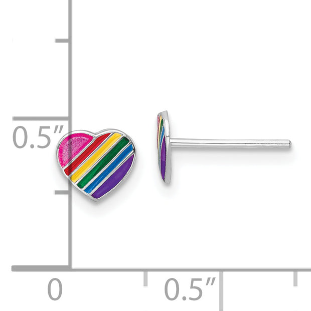 Sterling Silver RH-plated Rainbow Enamel Heart Children's Post Earrings