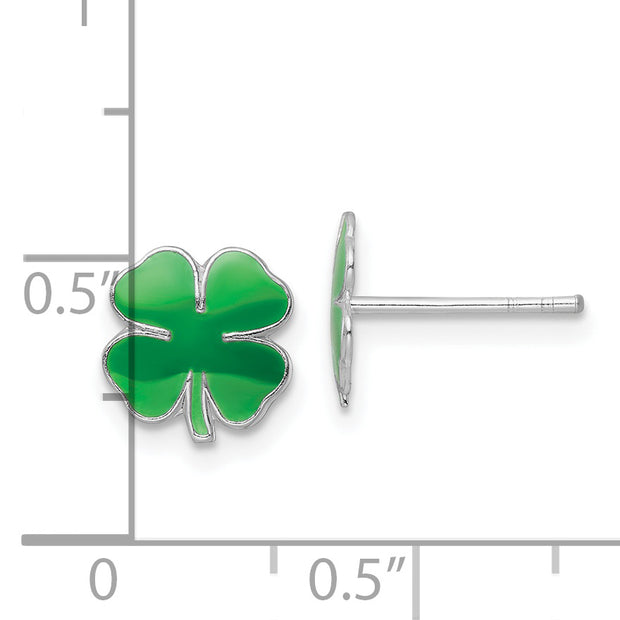 Sterling Silver RH-plated Enamel 4 Leaf Clover Children's Post Earrings