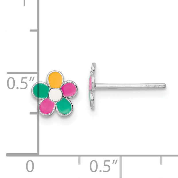 Sterling Silver RH-plated Enameled Flower Children's Post Earrings