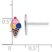 Sterling Silver RH-plated Enamel Kids Ice Cream Cone Post Earrings