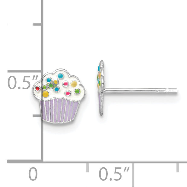 Sterling Silver RH-plated Enamel Cupcake Children's Post Earrings