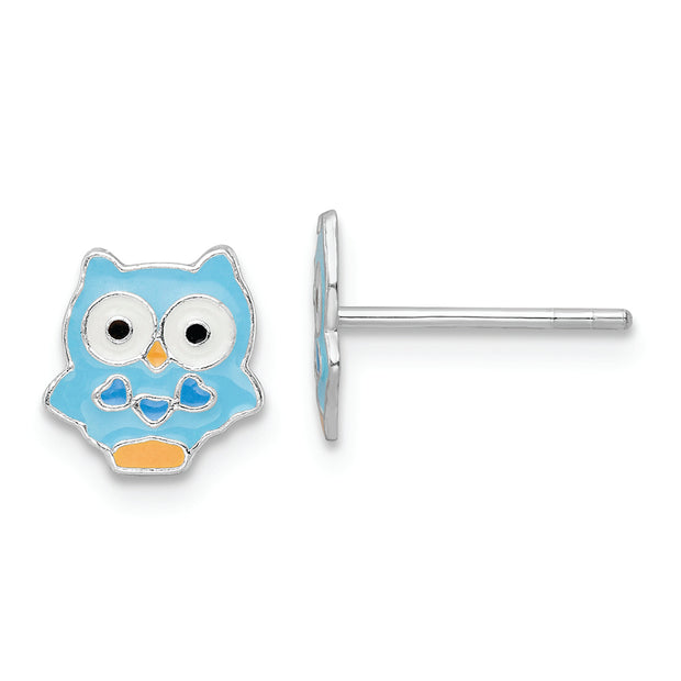 Sterling Silver RH-plated Enameled Blue Owl Children's Post Earrings