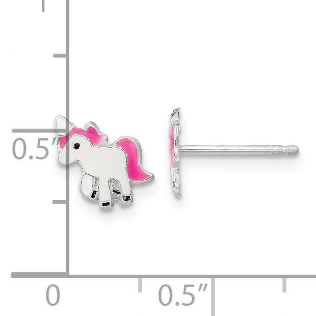 Sterling Silver RH-plated Polished Enameled Unicorn Post Earrings