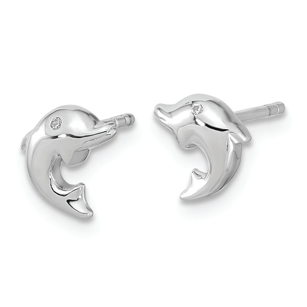 Sterling Silver RH-plated Polished CZ Dolphin Post Earrings