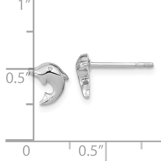 Sterling Silver RH-plated Polished CZ Dolphin Post Earrings