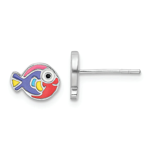 Sterling Silver RH-plated Multi-color Enameled Fish Post Earrings