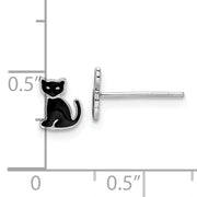 Sterling Silver RH-plated Polished Black Enameled Cat Post Earrings