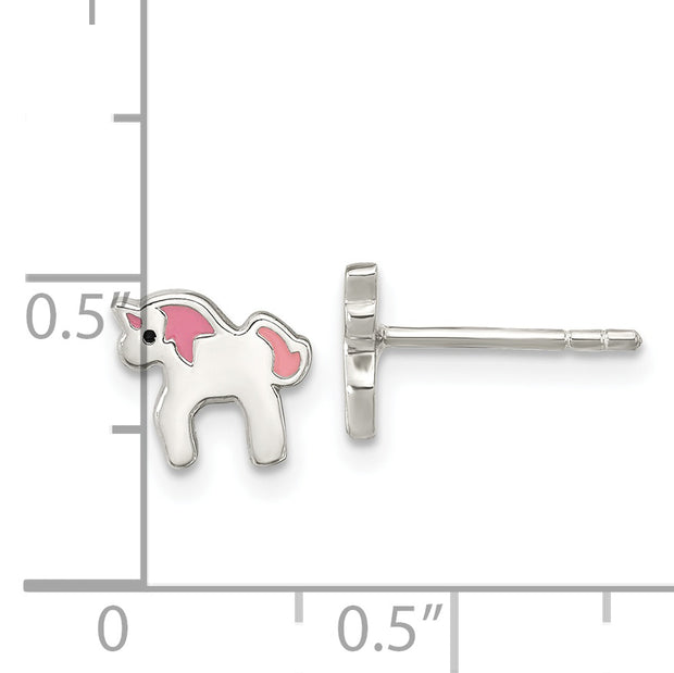 Sterling Silver Rhod-pltd Multicolor Enamel Unicorn Childs Post Earrings