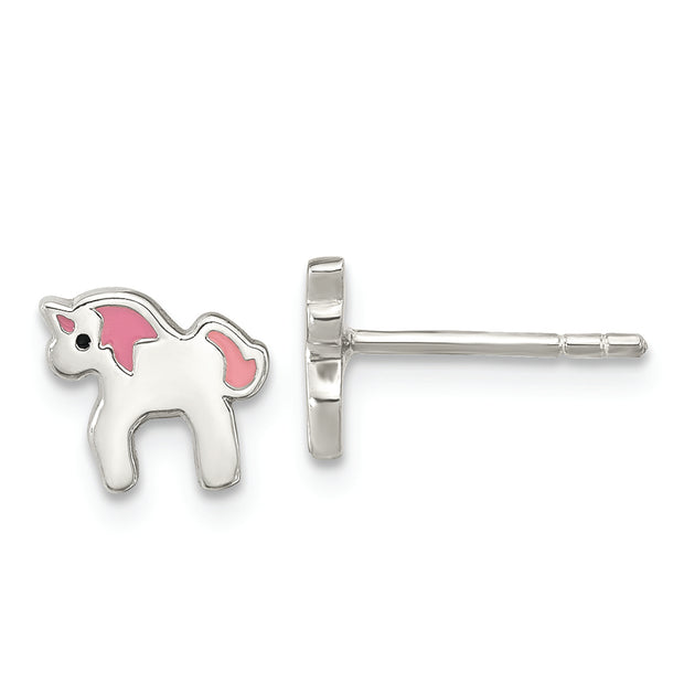 Sterling Silver Rhod-pltd Multicolor Enamel Unicorn Childs Post Earrings
