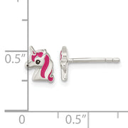 Sterling Silver Rhod-pltd Pink Enamel Unicorn Head Childs Post Earrings