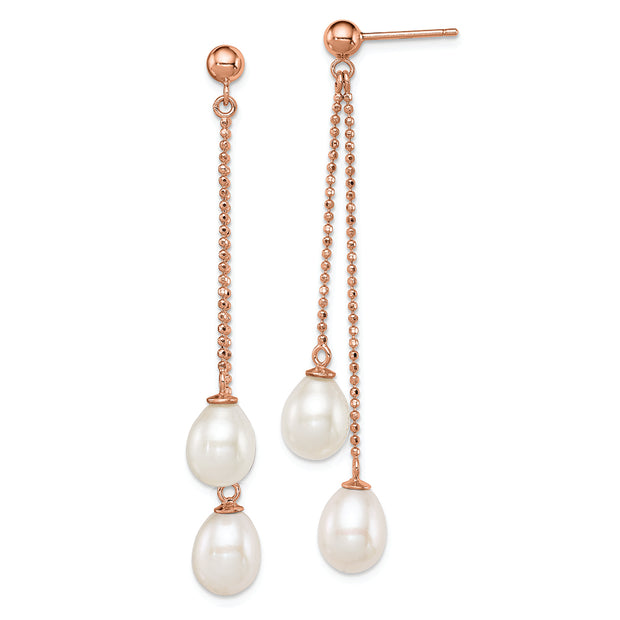 Sterling Silver Rose-tone 7-8mm White Teardrop FWC Pearl Dangle Earrings