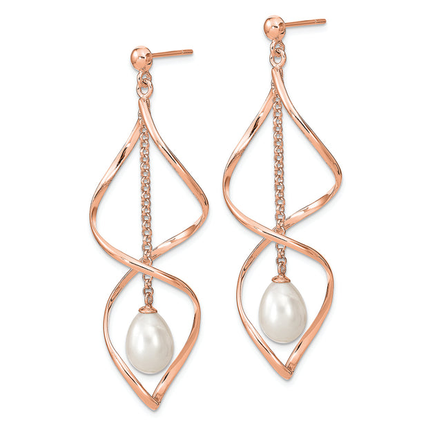 Sterling Silver Rose-tone 7-8mm White Teardrop FWC Pearl Earrings