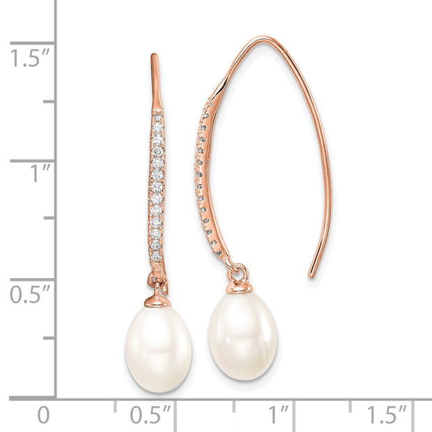 Sterling Silver Rose-tone 7-8mm FWC Pearl & CZ Threader Earrings