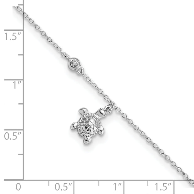 Sterling Silver Rhodium-plated Polished CZ Turtle 9in Plus 1 in Ext. Anklet