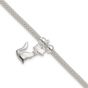 Sterling Silver Polished CZ Cat Charm Bracelet