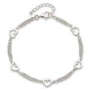 Sterling Silver Polished Hearts 7.5in w/1.0 in ext Bracelet
