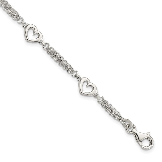 Sterling Silver Polished Hearts 7.5in w/1.0 in ext Bracelet