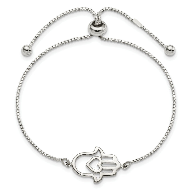 Sterling Silver Polished Heart Hamsa Adjustable Bracelet