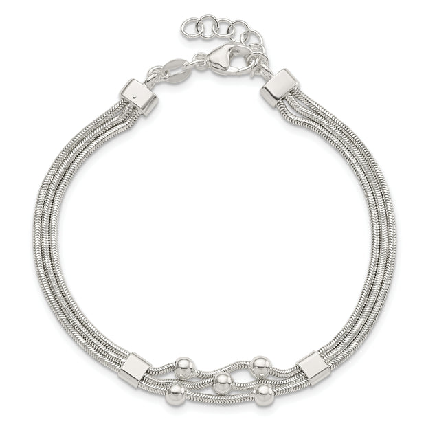 Sterling Silver Polished Beaded 3-strand w/ 1in ext. Bracelet