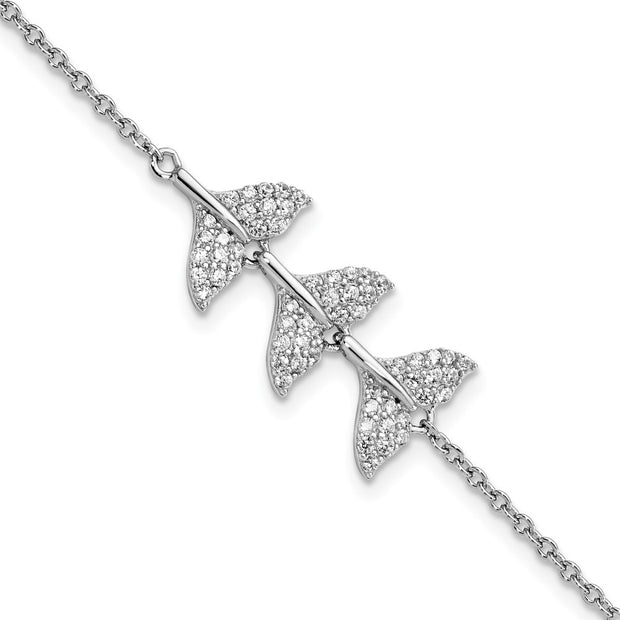 Sterling Silver Rhodium-plated CZ Whale Tail w/ 1inch Bracelet