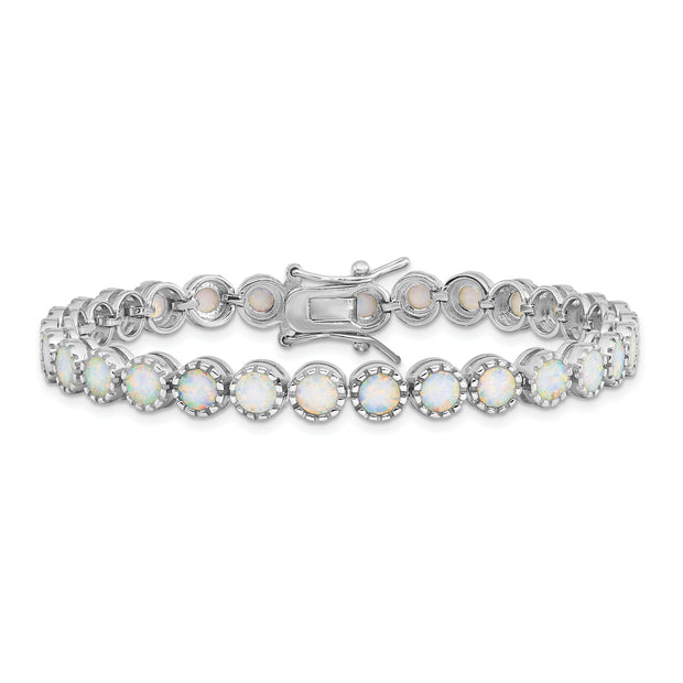 Sterling Silver Rhodium-plated Beaded White Created Opal Inlay Bracelet