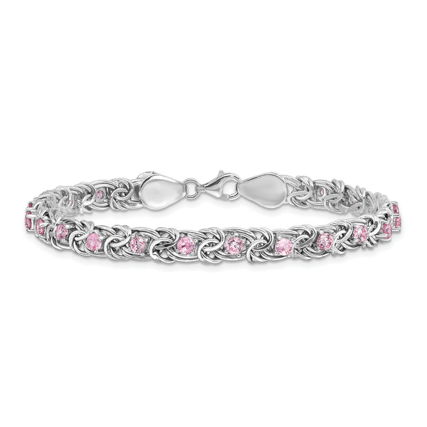 Sterling Silver Rhodium-plated Polished Pink CZ Flat Link 7.5in Bracelet