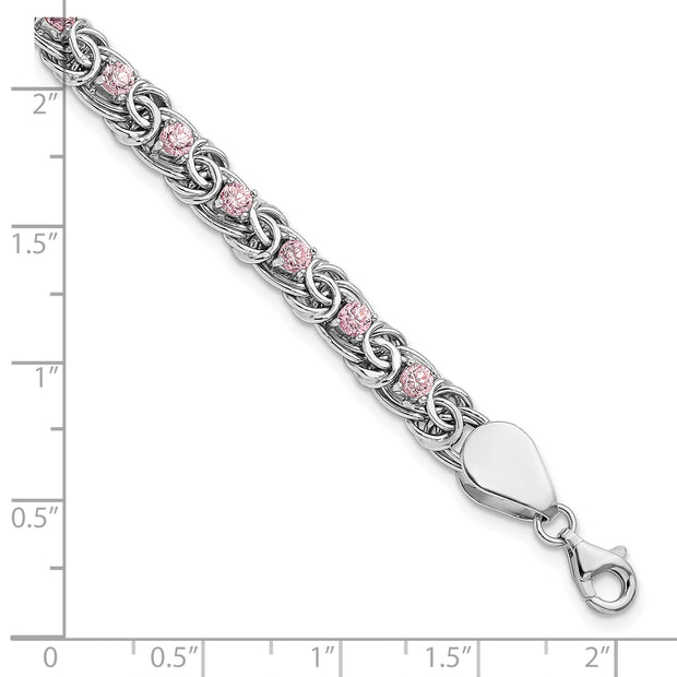 Sterling Silver Rhodium-plated Polished Pink CZ Flat Link 7.5in Bracelet